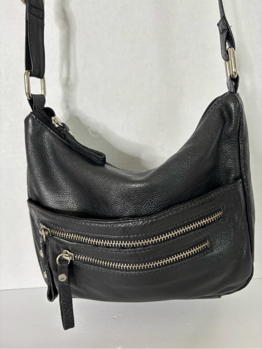 Black Leather Shoulder Bag with Dual Front Zippers